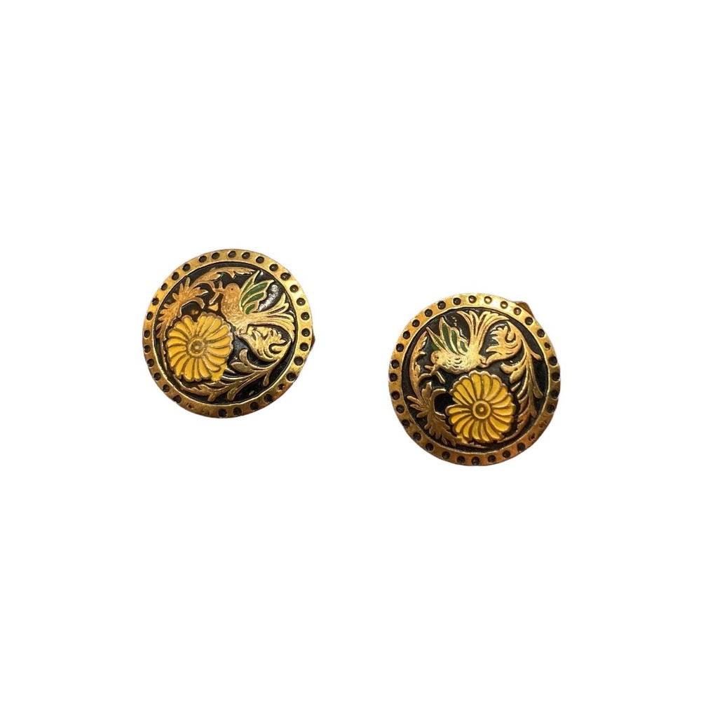 Vintage Damascene Clip On Earrings Round Yellow Gold Tone Black Birds Flowers